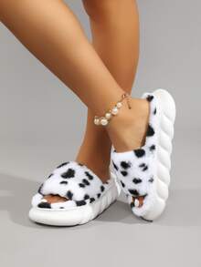 Dalmatian Print Fuzzy Bedroom Slippers - Black and White - View 3