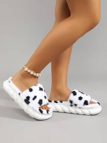 Dalmatian Print Fuzzy Bedroom Slippers - Black and White - View 4