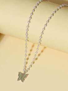 夜光蝴蝶吊墜假珍珠串珠項鍊 - 彩色 - 查看 4