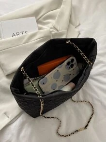 Diseño de moda de unicolor simple, nueva bolsa de mano versátil para mujer de otoño/invierno, esencial para ir al trabajo y citas, a cuadros, bolso de hombro con cadena, adecuado para mujeres, jóvenes profesionales y trabajadores de oficina, gran capacidad, adecuado para negocios, ir al trabajo y la oficina. - Negro - Ver 5