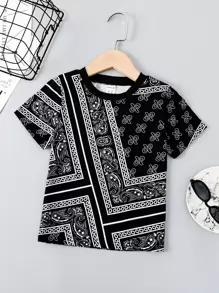 SHEIN Young Boy Paisley & Scarf Print Tee - Black and White - View 1