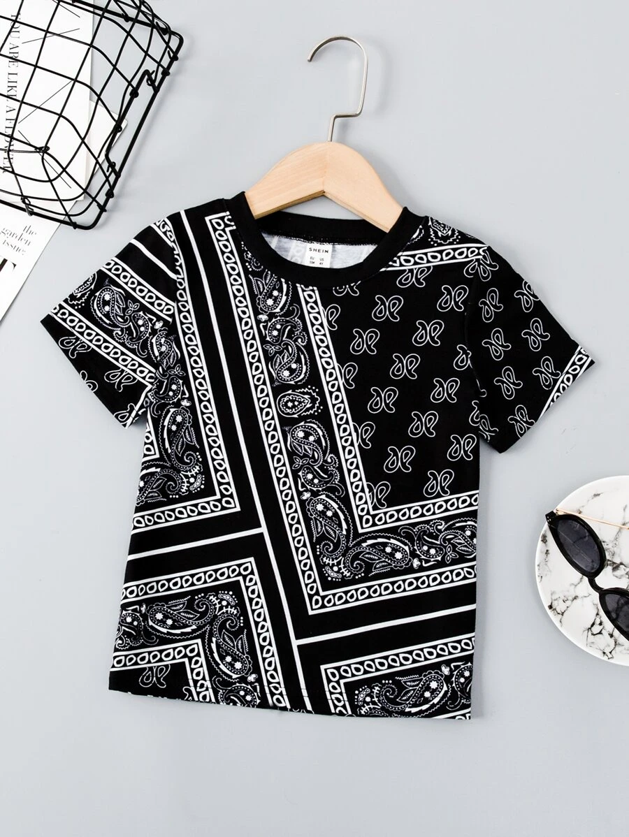 SHEIN Young Boy Paisley & Scarf Print Tee - Black and White - View 1