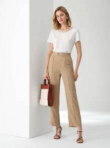 MOTF PREMIUM Pantalones a medida lino con costura delantera - Caqui - Ver 4