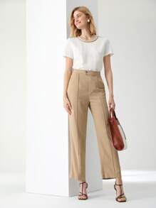 MOTF PREMIUM Pantalones a medida lino con costura delantera - Caqui - Ver 6