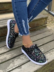 Leopard Pattern Lace-Up Front Canvas Shoes For Women, Lightweight Round Toe Low Top Casual Sneakers - Multicolor - View 3