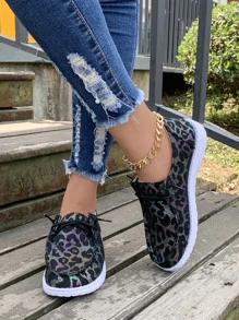 Leopard Pattern Lace-Up Front Canvas Shoes For Women, Lightweight Round Toe Low Top Casual Sneakers - Multicolor - View 4