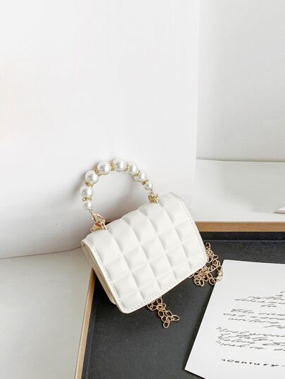 1 Peça Mini bolsa de ombro de couro sintético (PU) com pregas em padrão xadrez e pérola, versátil e adequada para uso diário