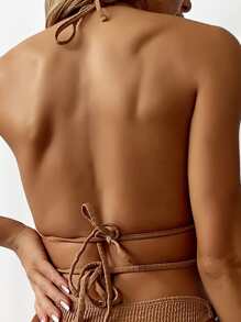 紋理質感吊脖三角杯比基尼上衣 - 摩卡棕 - 查看 2