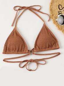 紋理質感吊脖三角杯比基尼上衣 - 摩卡棕 - 查看 4