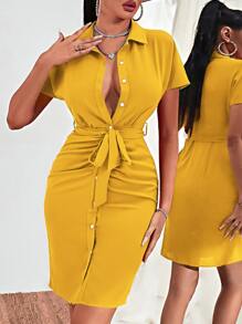 VaVaBold Vestido con cinturón de manga murciélago fruncido con botón - Amarillo - Ver 1