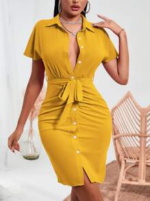 VaVaBold Vestido con cinturón de manga murciélago fruncido con botón - Amarillo - Ver 3