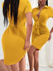 VaVaBold Vestido con cinturón de manga murciélago fruncido con botón - Amarillo - Ver 4