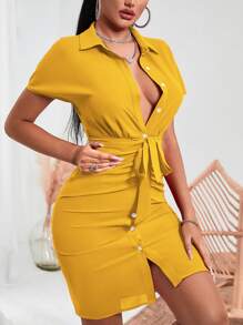 VaVaBold Vestido con cinturón de manga murciélago fruncido con botón - Amarillo - Ver 5