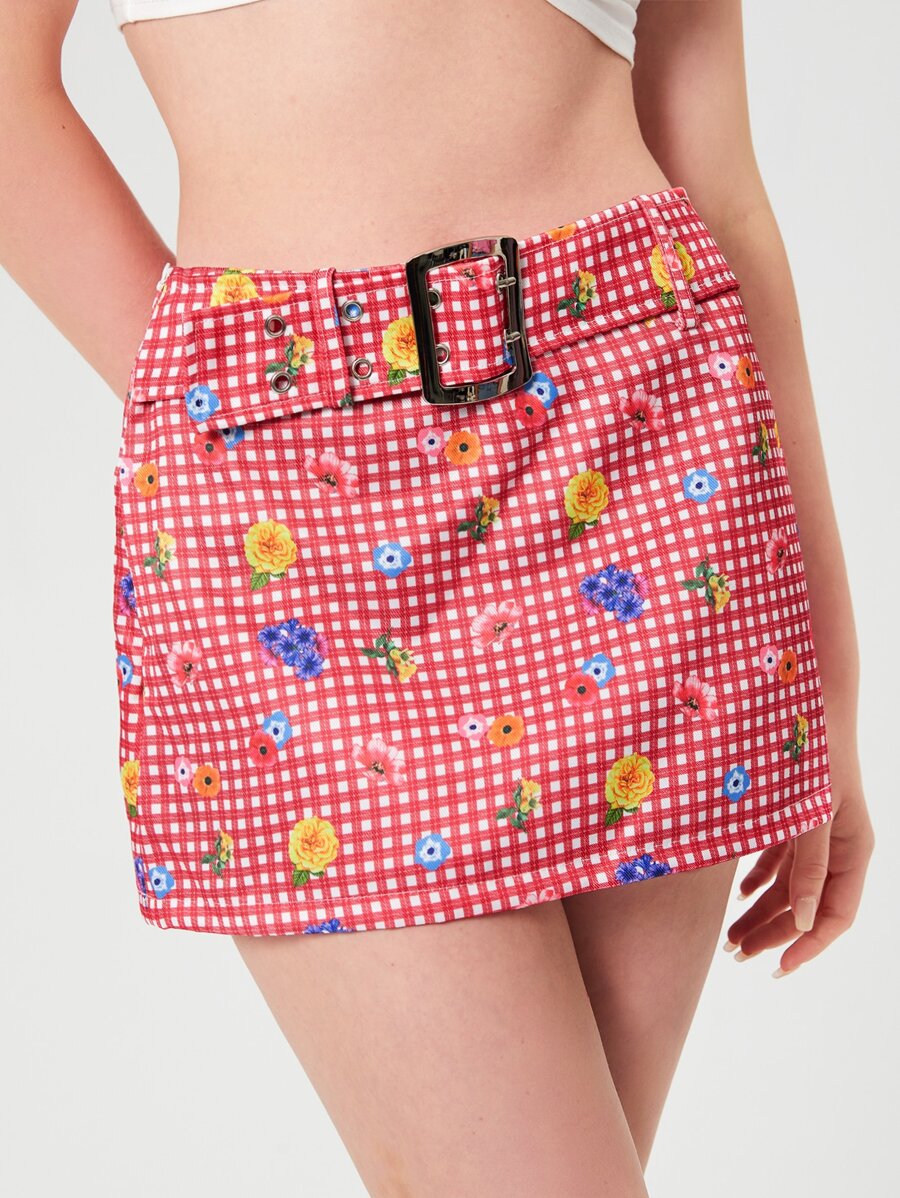 SHEIN MOD Plaid & Floral Pattern Buckle Belted Skirt - Multicolor - View 1