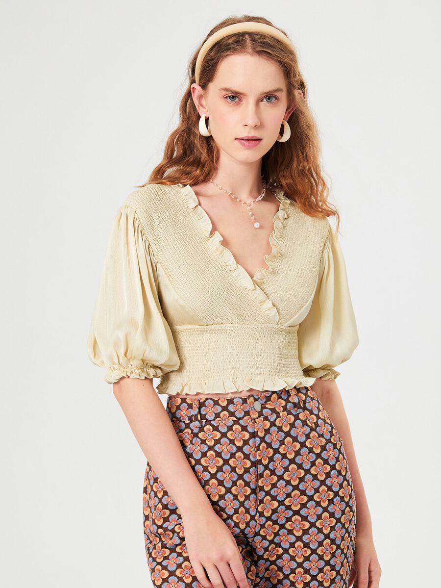 SHEIN MOD 泡泡袖提花縮褶短款上衣 - 米色 - 查看 1