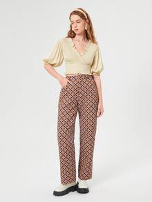 SHEIN MOD 泡泡袖提花縮褶短款上衣 - 米色 - 查看 3