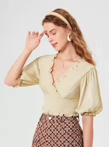 SHEIN MOD 泡泡袖提花縮褶短款上衣 - 米色 - 查看 5