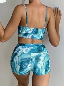 Summer Beach Marble Print Drawstring Tankini - Multicolor - View 2