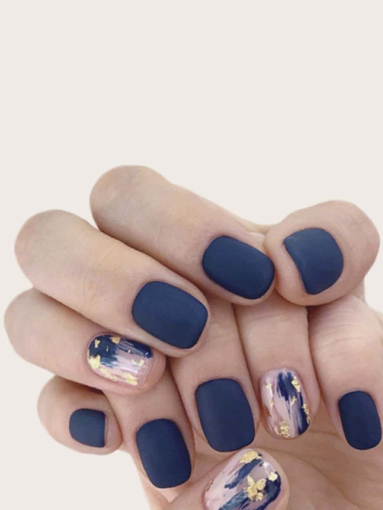 Nail Nina Elevate Your Style with 24pcs Long Square Blue Matte Smudged Golden Sequins Fake Nail & 1pc Nail File & 1sheet Tape - Blue - View 1