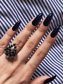 Nail Nina Upgrade Your Look With 24pcs Long Stiletto Black Plain Glossy Fake Nail & 1pc Nail File & 1sheet Tape - Black - View 1