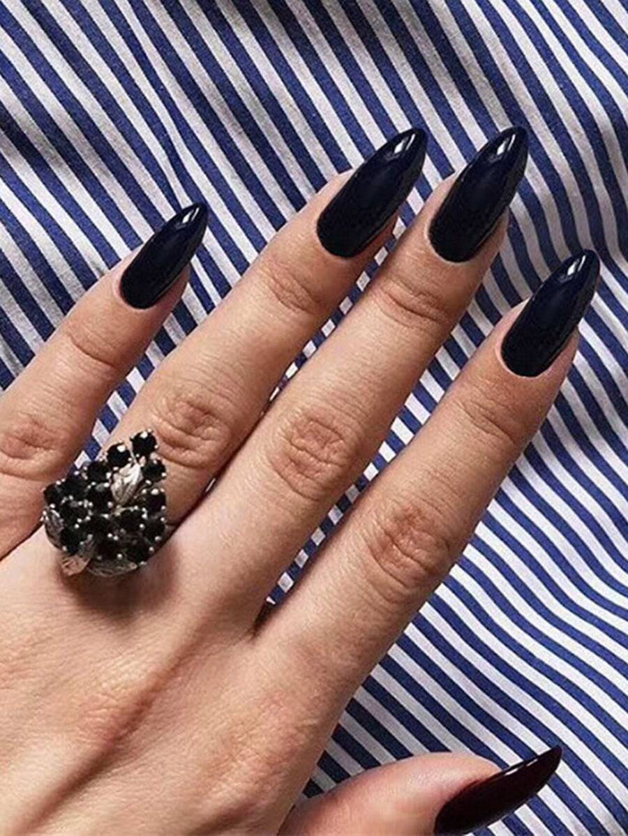 Nail Nina Upgrade Your Look With 24pcs Long Stiletto Black Plain Glossy Fake Nail & 1pc Nail File & 1sheet Tape - Black - View 1