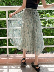 DAZY 全身印花褶裥裙 - 霧霾藍 - 查看 2