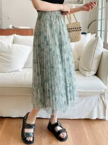 DAZY 全身印花褶裥裙 - 霧霾藍 - 查看 4