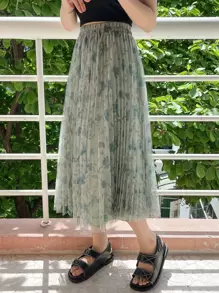 DAZY 全身印花褶裥裙 - 霧霾藍 - 查看 8