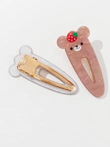 2入組草莓圖案熊設計髮夾