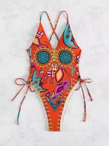 Allover Print Lace Up Cross Back One Piece Swimsuit, For Summer Beach Vacation - Multicolor - View 1