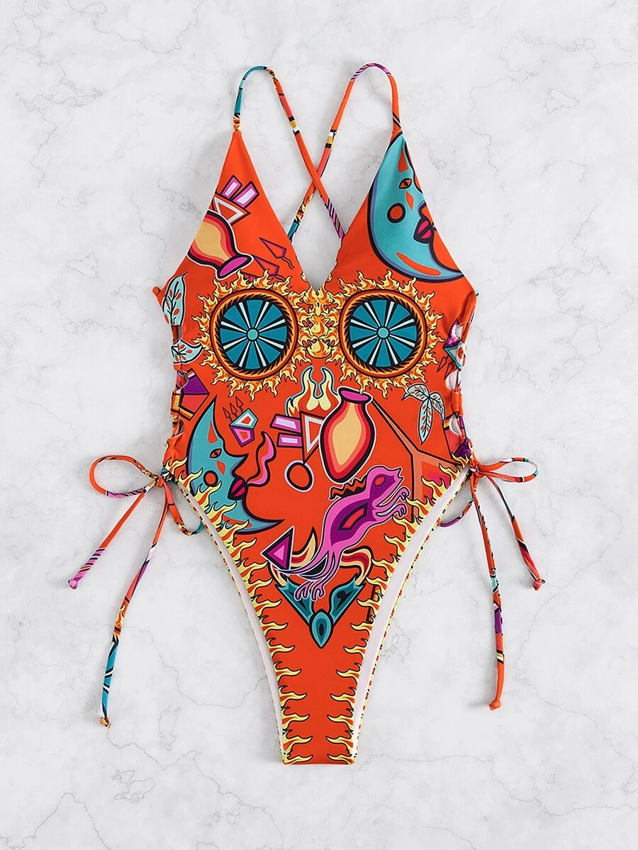Allover Print Lace Up Cross Back One Piece Swimsuit, For Summer Beach Vacation - Multicolor - View 1