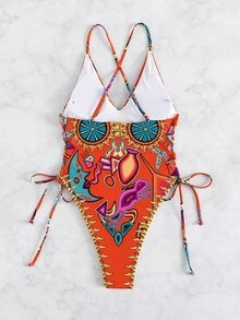 Allover Print Lace Up Cross Back One Piece Swimsuit, For Summer Beach Vacation - Multicolor - View 2
