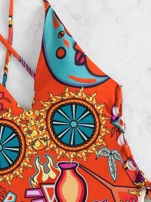 Allover Print Lace Up Cross Back One Piece Swimsuit, For Summer Beach Vacation - Multicolor - View 3