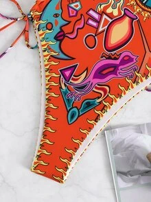 Allover Print Lace Up Cross Back One Piece Swimsuit, For Summer Beach Vacation - Multicolor - View 4
