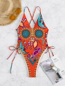 Allover Print Lace Up Cross Back One Piece Swimsuit, For Summer Beach Vacation - Multicolor - View 5