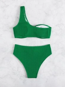 Asymmetrical Neck O-Ring Top & High Waist Bottom Bikini Set, For Summer Beach Vacation - Green - View 6