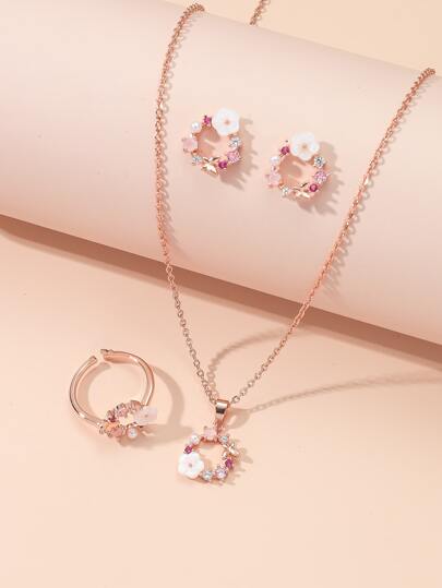 4pcs Rose Gold Cubic Zirconia Flower & Pearl Necklace, Earrings, Ring Set For Women