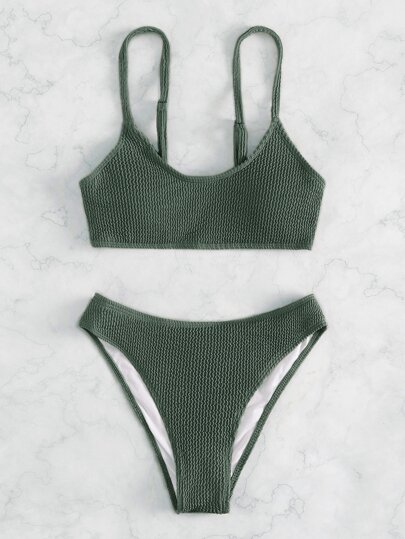 Summer Beach Textured Bikini Set Adjustable Strap Cami Top & Bikini Bottom 2 Piece Bathing Suit