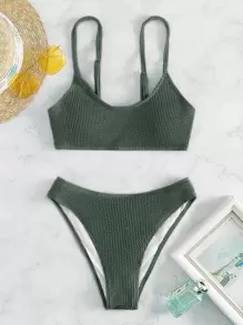 SHEIN Swim Summer Beach Textured Bikini Set Adjustable Strap Cami Top & Bikini Bottom 2 Piece Bathing Suit - Army Green - View 6