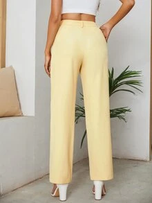 Pantalones rectos con bolsillos oblicuos fruncido - Amarillo - Ver 2