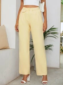 Pantalones rectos con bolsillos oblicuos fruncido - Amarillo - Ver 4