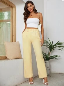 Pantalones rectos con bolsillos oblicuos fruncido - Amarillo - Ver 5