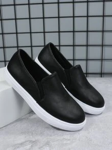 Women'S Black Slip-On Thick Sole Shoes, Round Toe, Non-Slip, Waterproof, Height Increase, Casual Sports Loafers For Spring And Autumn - Black - View 5
