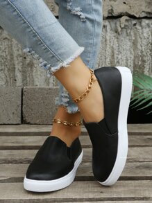 Women'S Black Slip-On Thick Sole Shoes, Round Toe, Non-Slip, Waterproof, Height Increase, Casual Sports Loafers For Spring And Autumn - Black - View 6