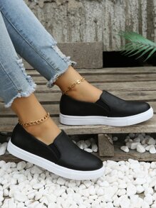 Women'S Black Slip-On Thick Sole Shoes, Round Toe, Non-Slip, Waterproof, Height Increase, Casual Sports Loafers For Spring And Autumn - Black - View 7