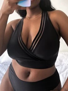 SHEIN Swim Curve Top bikini de espalda con tira cruzada de malla - Negro - Ver 2