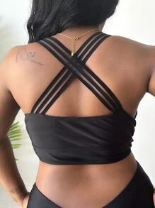 SHEIN Swim Curve Top bikini de espalda con tira cruzada de malla - Negro - Ver 4