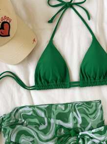 SHEIN Swim Bãi Biển Mùa Hè Đá Cẩm Thạch In Lưới Bộ Bikini Dây Tam Giác Áo Ngực & Thắt Bên Bikini & Váy 3 Miếng bikini - màu xanh lá - Xem 5