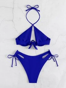 Summer Beach Cut-Out Knot Back Cross Halter Underwire Bikini Bikini Azulblue Bikini - Royal Blue - View 2