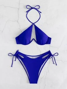 Summer Beach Cut-Out Knot Back Cross Halter Underwire Bikini Bikini Azulblue Bikini - Royal Blue - View 5